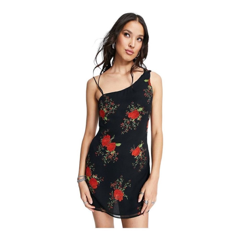 Topshop rose print asymmetric cowl mini slip dress in black size 10 NWOT